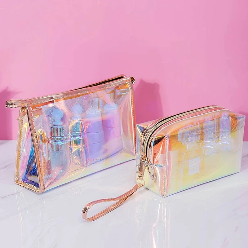 1 Pcs Colorful Holographic Women Cosmetic Bag Beauty Organizer Pouch TPU Clear Makeup Bag Travel Clear Makeup Kit Case