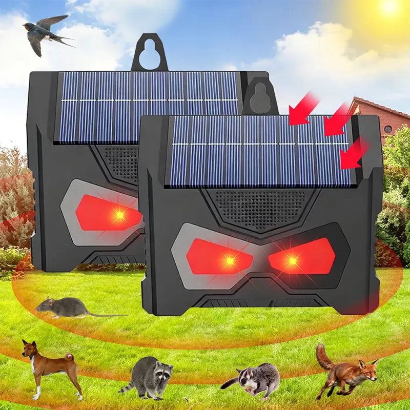 Solar-Tiervertreiber mit LED-Blinklicht und Ultraschall zur Abwehr von Vögeln, Hunden, Füchsen und Mäusen für Hof, Garten und Farm – Detail 1