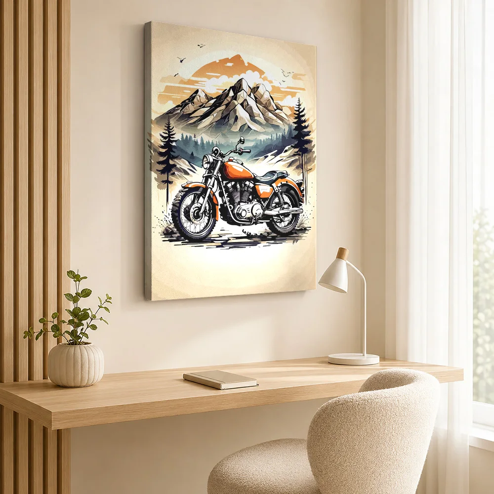 Motorcycle In Mountain Landscape Framed Canvas Poster Customized Photo Vintage Graphic Wall Art For Reading Corner Biker Gift