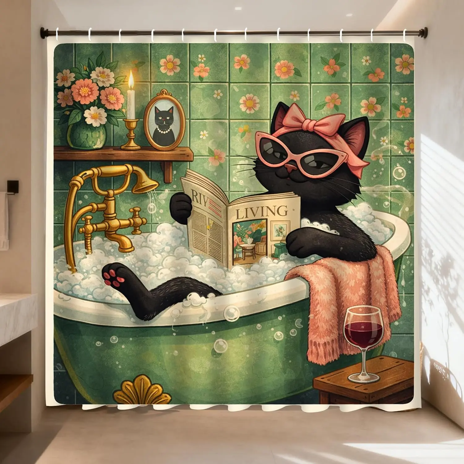 Whimsical Black Cat Bath Shower Curtain Waterproof Tapestry Vintage Floral Bathroom Decor Novelty Polyester Fabric Home Accent I