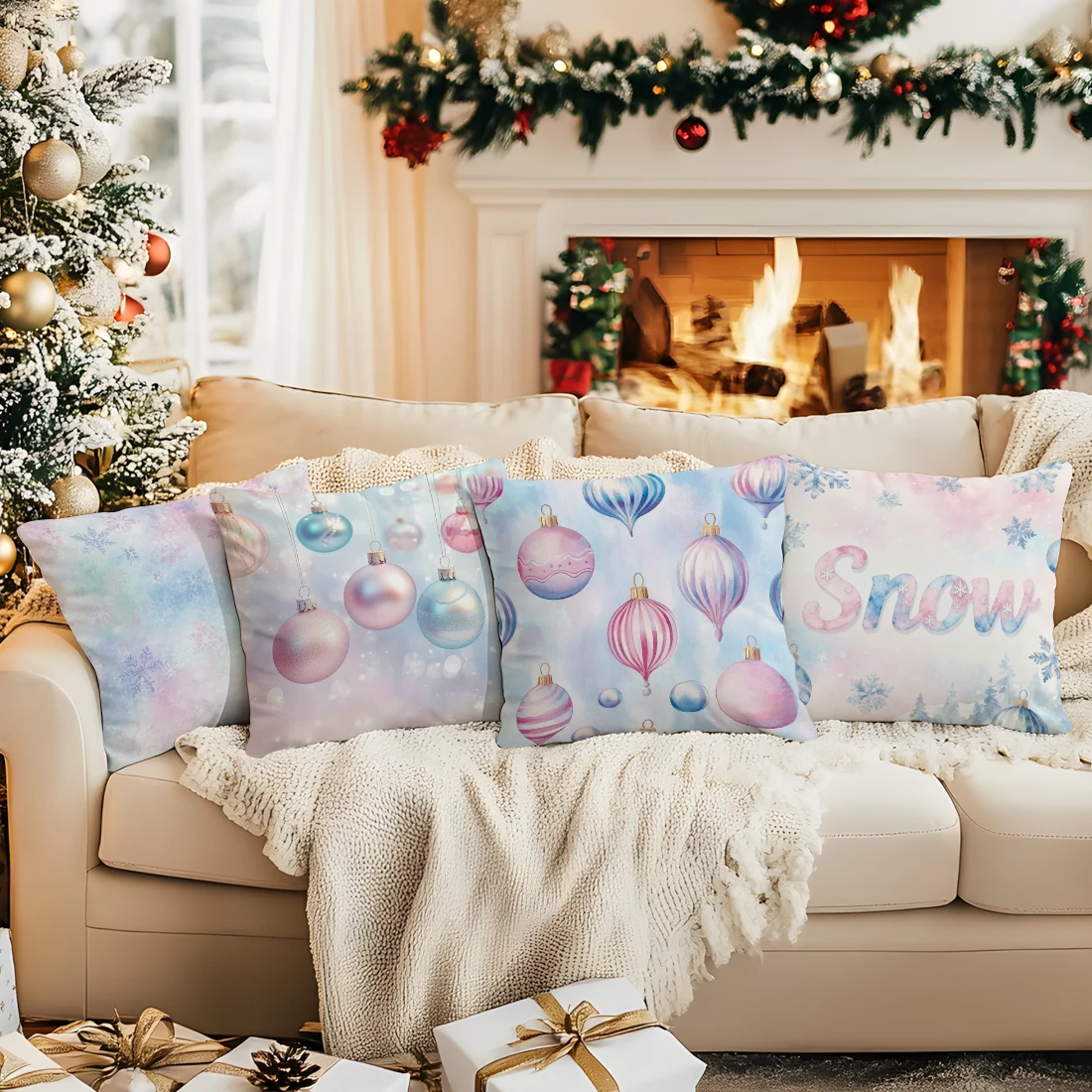 

4 шт., акварельные рождественские декоративные шары с иллюстрациями, односторонняя печатная наволочка для дома, спальни, декора автомобиля