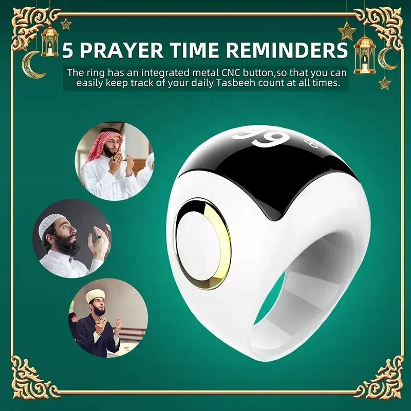 Smart Ceramic Muslim Islamic Electronic Zikir Counter Digital Azan Alarm Clock Tasbeeh Tasbih Zikr Ring RechargeablePray Ring