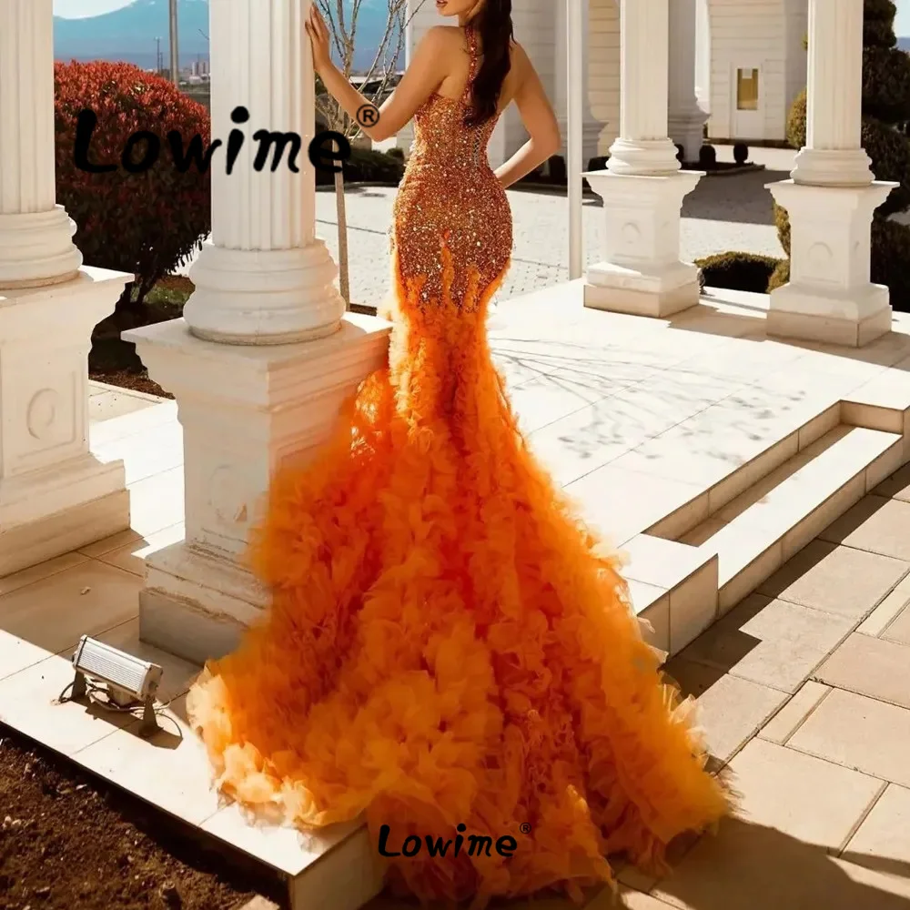 Orange Mermaid Prom Dresses 2024 Amazing Crystals Mermaid Celebrity Dress Long Arabic Evening Gowns Wedding Party Dress Robes