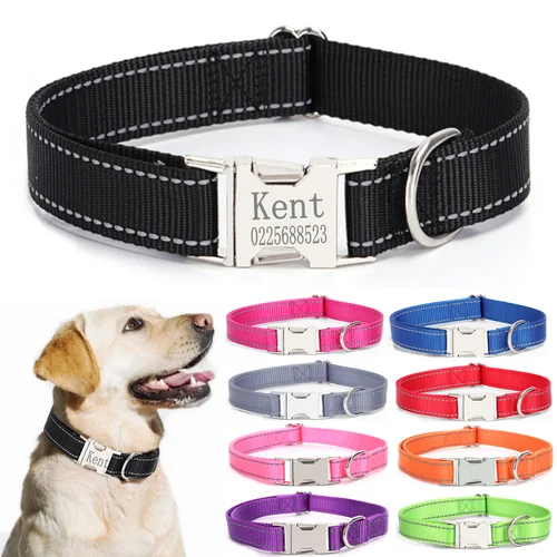 Collar de perro de nailon reflectante, Collar ajustable personalizado para mascotas, Collar con nombre grabado gratis, producto para perros pequeños, medianos y grandes