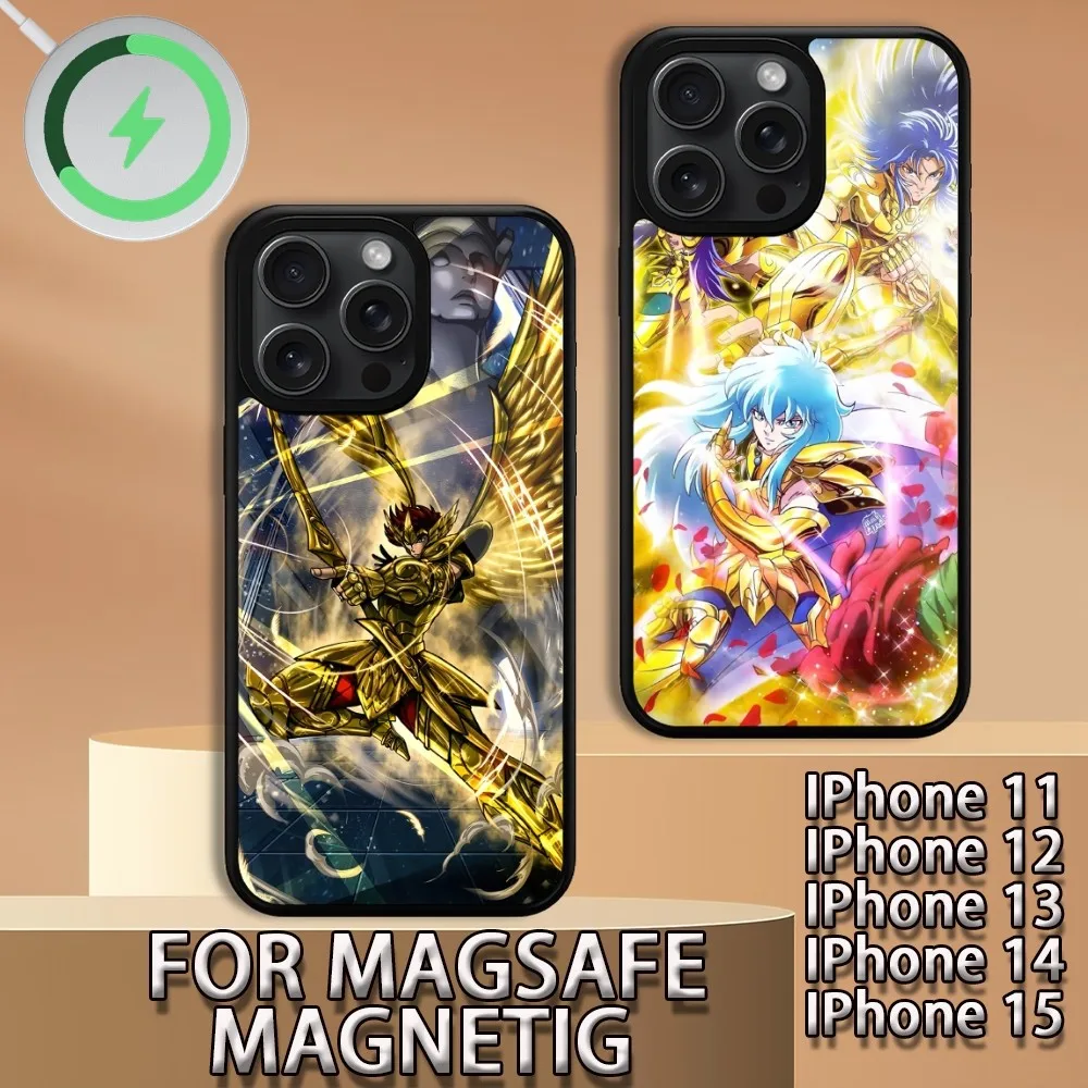 Custodia per telefono Cartoon Knights of the Zodiac per iPhone 15 14 13 12 11 Pro Max Plus Magsafe Cover di ricarica wireless magnetica