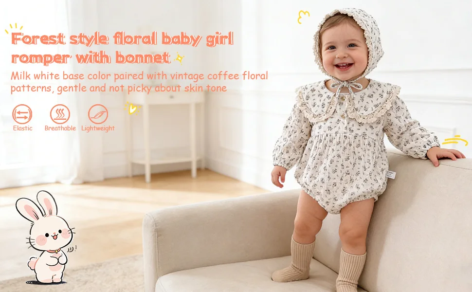 Baby-Mädchen-Strampler mit Blumenmuster, Spitzen-Peter-Pan-Kragen, Langarm-Bubble-Body mit Haube, Weiches, Atmungsaktives Outfit für Frühling und Herbst – Detail 4