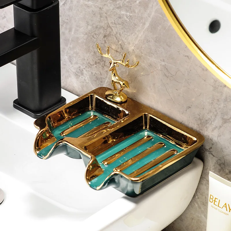 Bathroom Amenities Soap Box Golden Deer Creative Perforation-Free Drain Wall-mounted Soap Box Bathroom Soap Dish Storage Rack