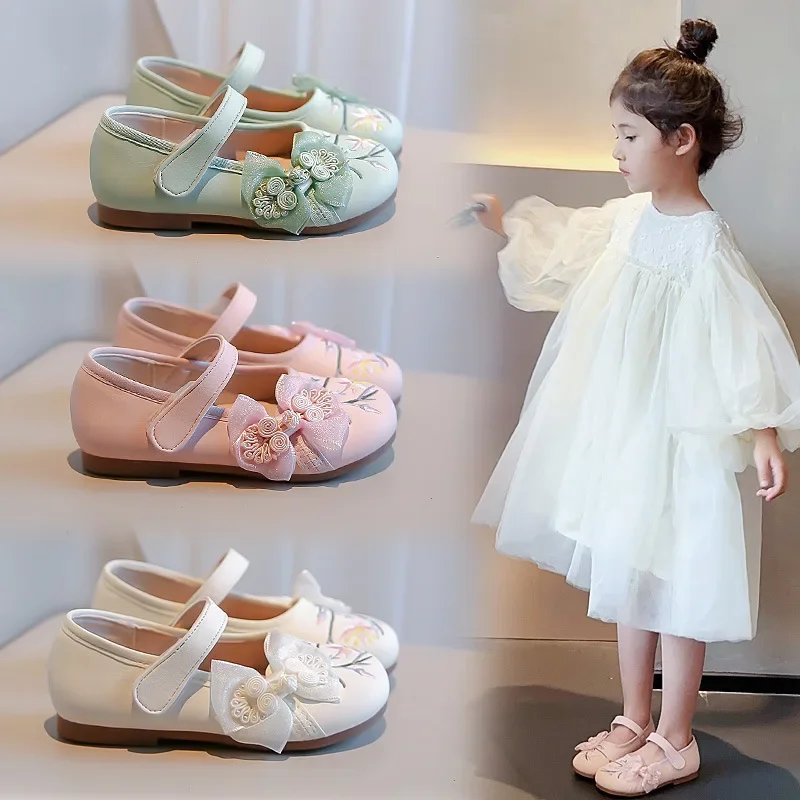 

Children Flats Shoes with Mesh Knot Girls Embroidered Leather Shoes for Party Wedding Kids Elegant Temperament Princess Shoes