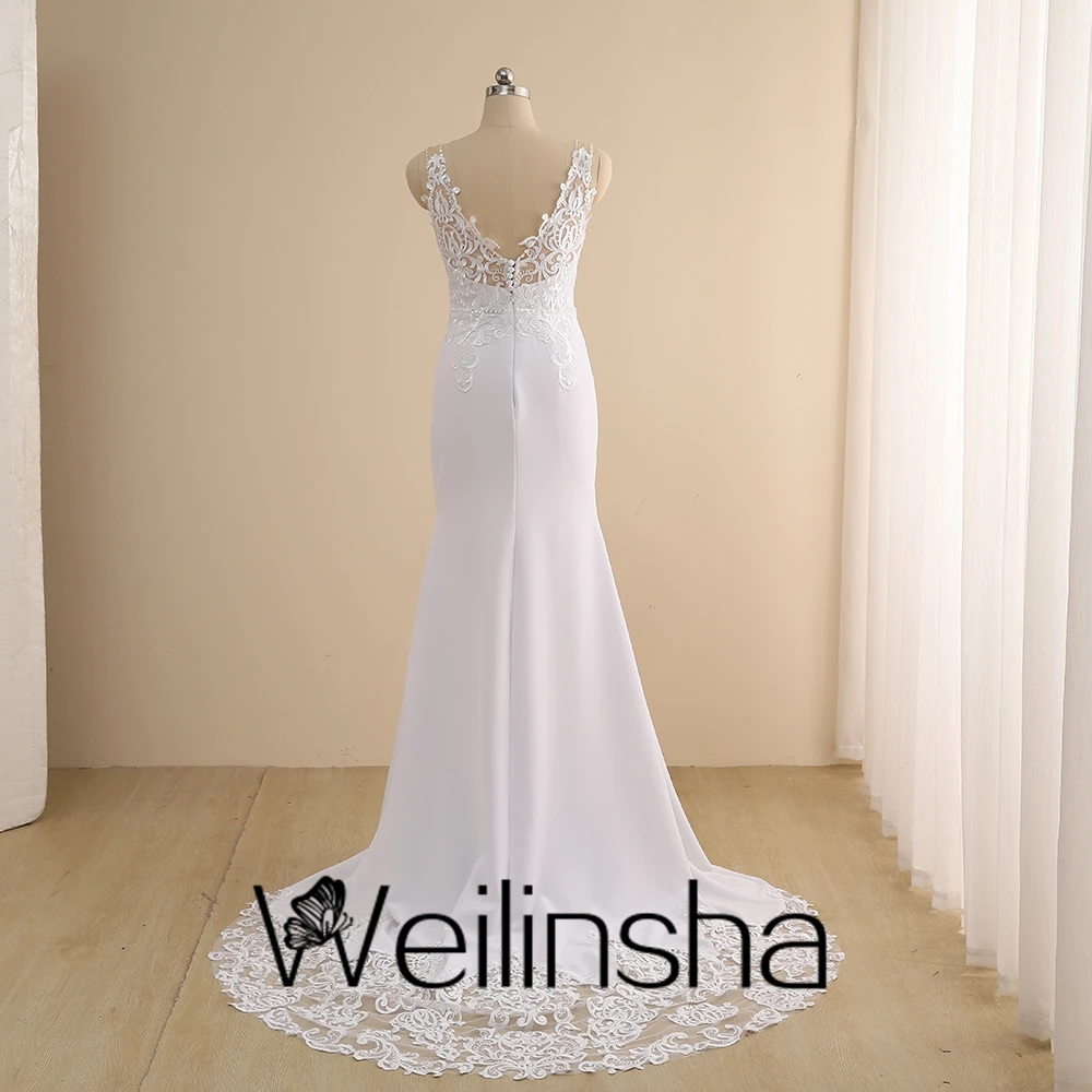 Personalizado weilinsha boné manga bainha lindo vestidos de casamento para as mulheres 2022 rendas até o chão sem mangas vestidos de noiva jérsei