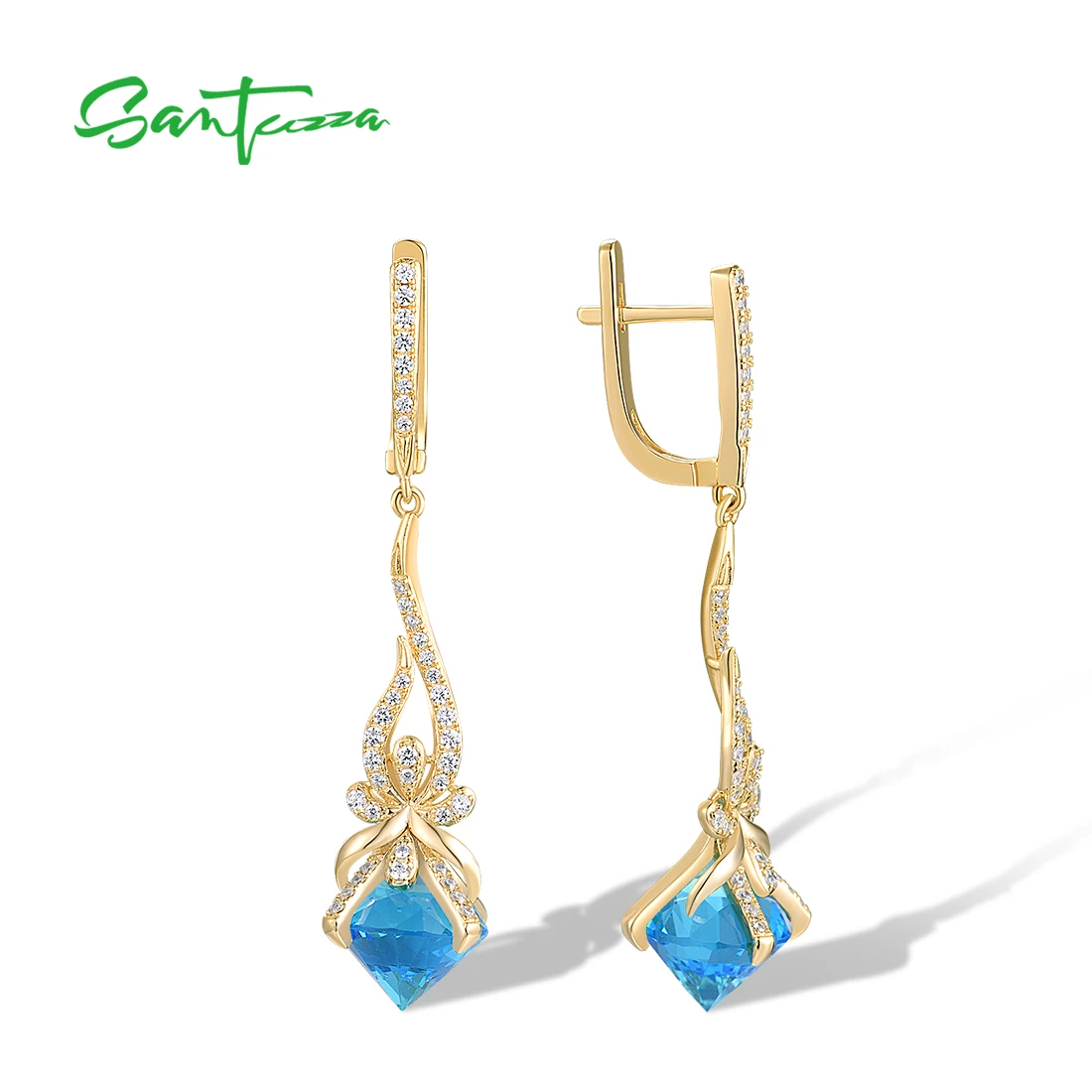 SANTUZZA Authentic 925 Sterling Silver Dangling Earrings For Women Sparkling White CZ Blue Stone Gorgeous Wedding Fine Jewelry