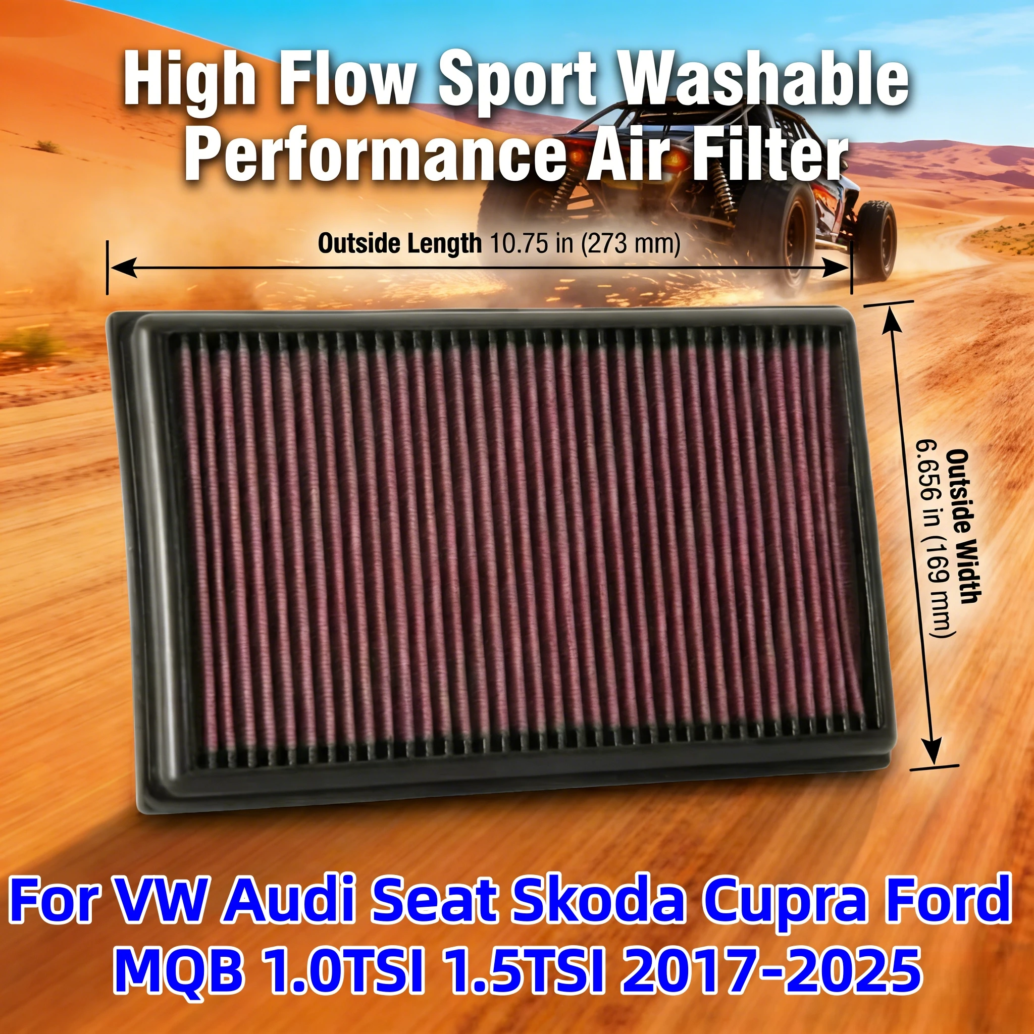 

Для VW Audi Seat Skoda Cupra Ford MQB 1.0TSI 1.5TSI 2017-2025: Спортивный моющийся воздушный фильтр с высокой пропускной способностью, замена 33-3111 5Q0129620E