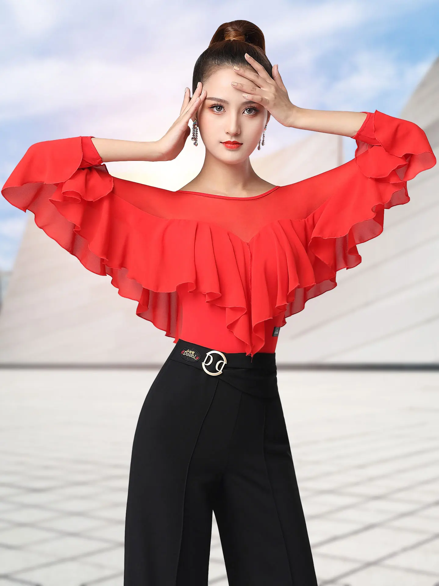 elegant-modern-dance-top-new-style-drifting-red-lace-square-dance-costume-women's-beautiful-dance-outfit-waltz-tango-quickstep