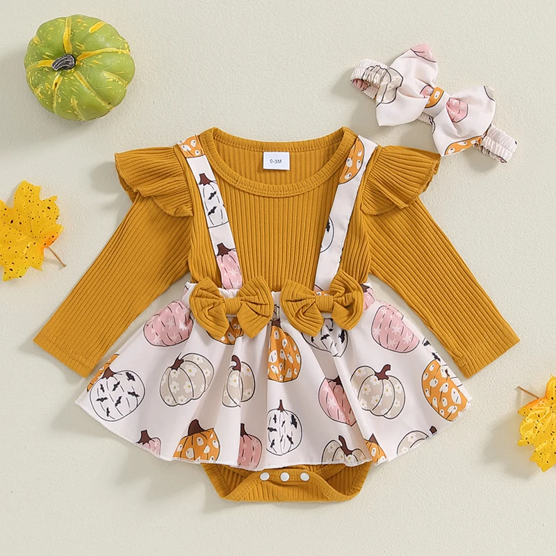 BeQeuewll Princess Baby Girls Clothes Halloween Newborn Romper Dress Long Sleeve Pumpkin Patchwork Bodysuit with Headband Set