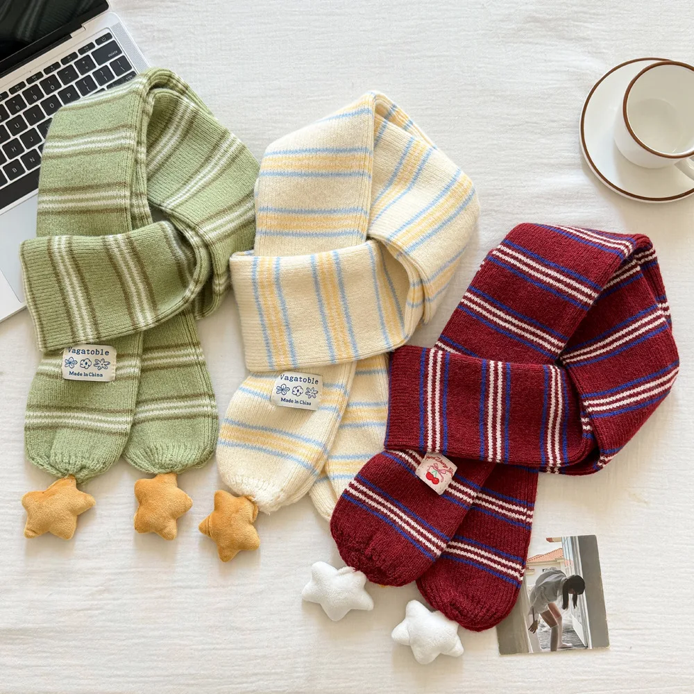 Korean Cute Star Striped Knit Scarf Women Winter Thick Warm Yellow Scarflette Fuzzy Star Tassel Kawaii Daily Accessories Gift