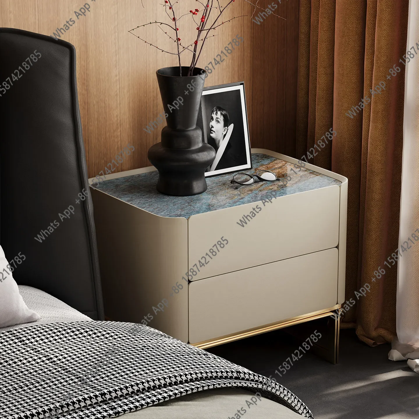 X69 Italian Light Luxury Bedside Table Villa High-end Master Bedroom Bedside Table Original Natural Luxury Stone Bedside Table