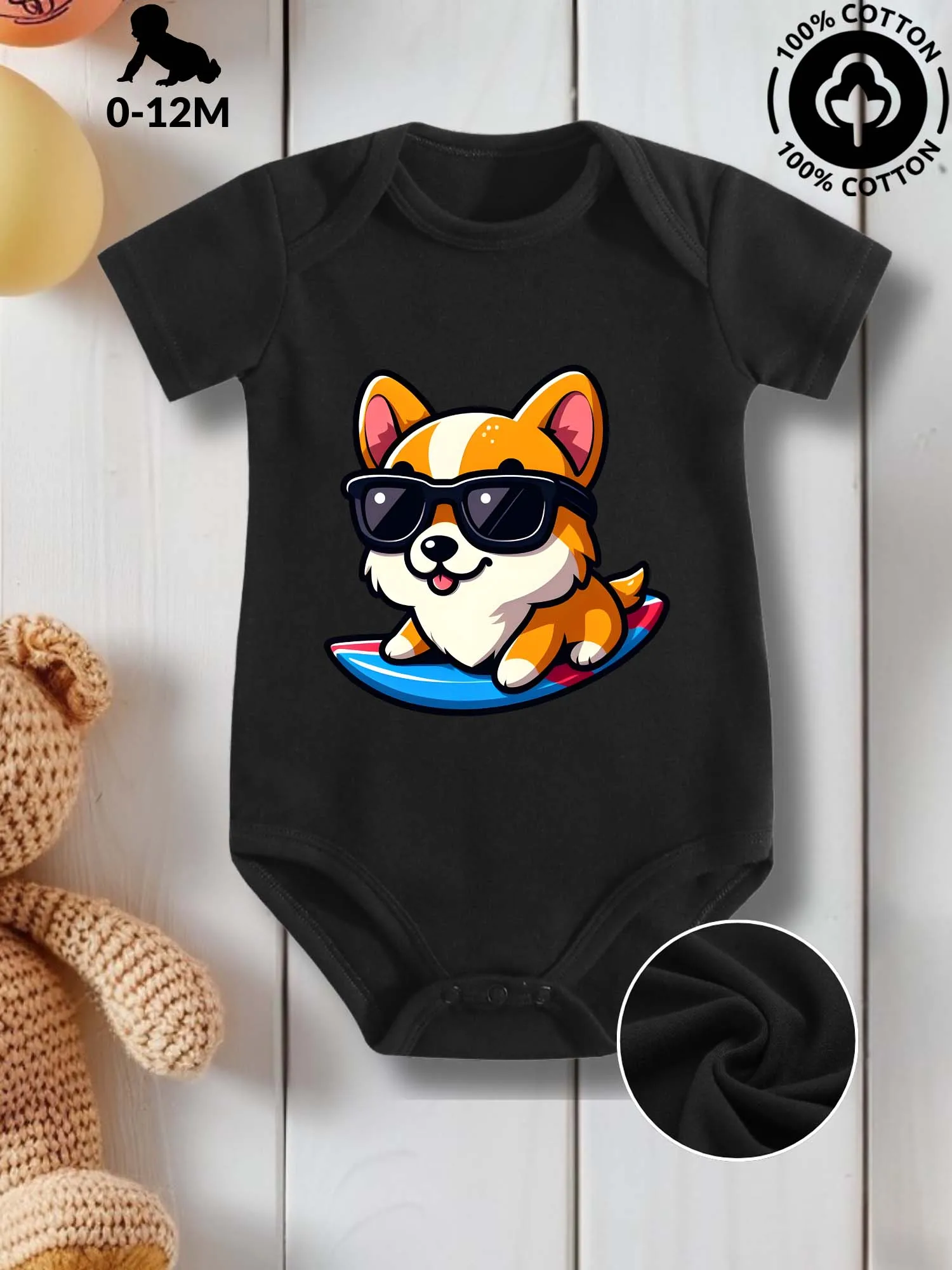 Surfing Corgi Unisex Baby-Krabbelanzug, Hautpflege-Einteiler aus reiner Baumwolle, Ganzjahres-Kleidung, schwarzer Body 190 g/m2