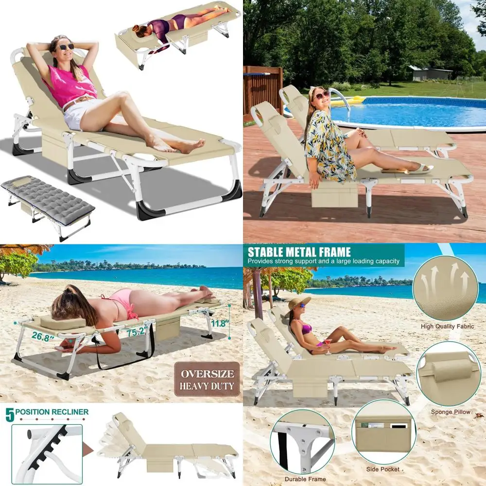 Heavy Duty Tanning Chair with Face Hole, 5-Position Adjustable Folding Chaise Lounge, Portable Outdoor Relaxation