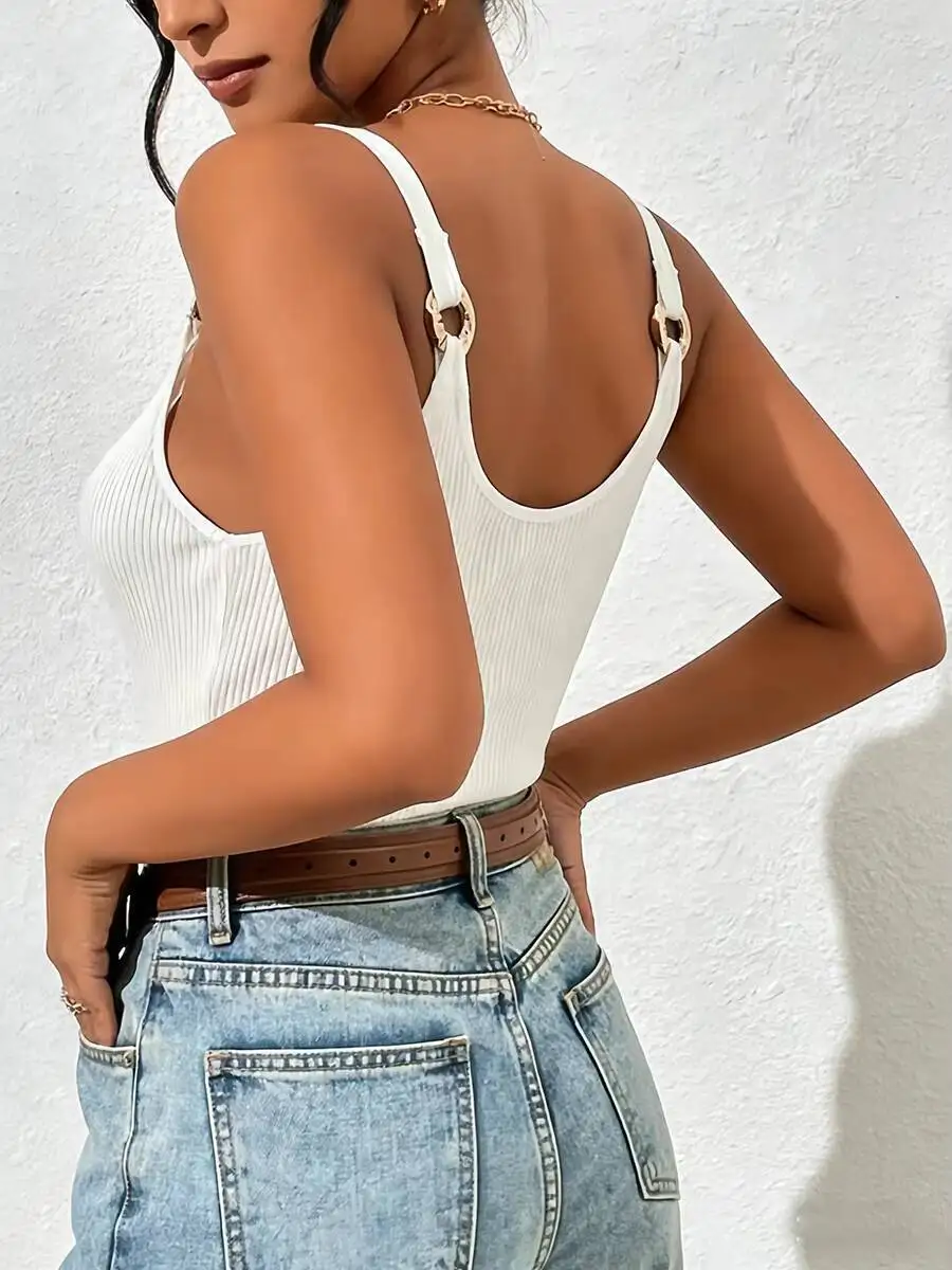 Women Ribbed Knit Cami Top Metal O Ring Adjustable Spaghetti Strap Sleeveless Tank Tops Slim Fit Basic V Neck Camisole Summer Ca