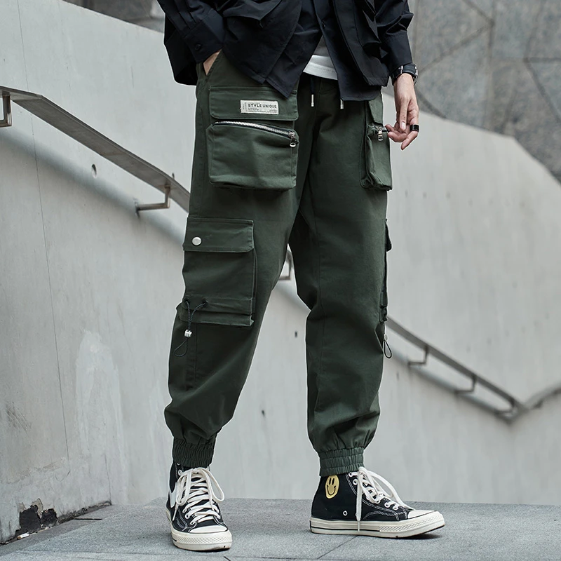 Pantalones Cargo de cintura elástica para hombre, pantalón estilo Hip Hop, holgado, con bolsillos militares, a la moda, para correr