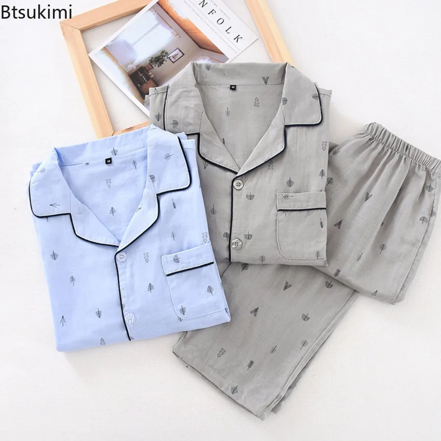 2026 Men's Spring Summer 100% Cotton Gauze Print Pajama Sets Male Short-Sleeved Homewear Sleepwear Leisure Suit for Men Clothing