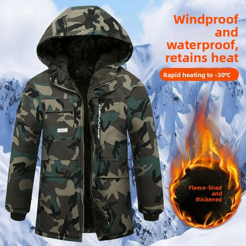 

Утепленная хлопковая куртка-камуфляж средней длины на флисовой подкладке для холодных условий, износостойкая, теплая, водонепроницаемая зимняя куртка