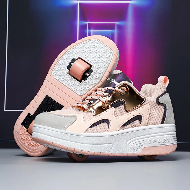 

Children runaway shoes boys and girls double wheel Internet celebrity skates student mesh breathable flight shoes with pulley