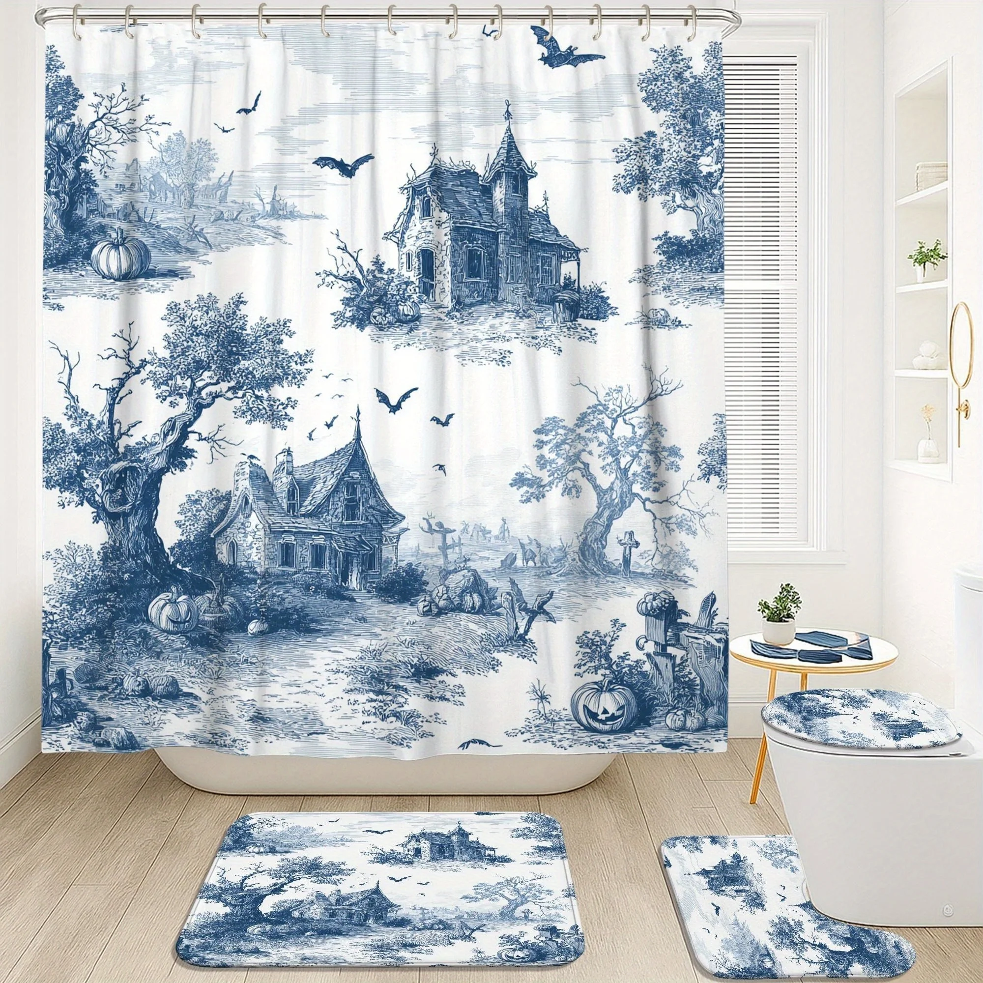 

4pcs Vintage Haunted House Shower Curtain SetBlue White Pumpkin Bath Mat Rugs Accessories for Halloween DecorRustic Fabric
