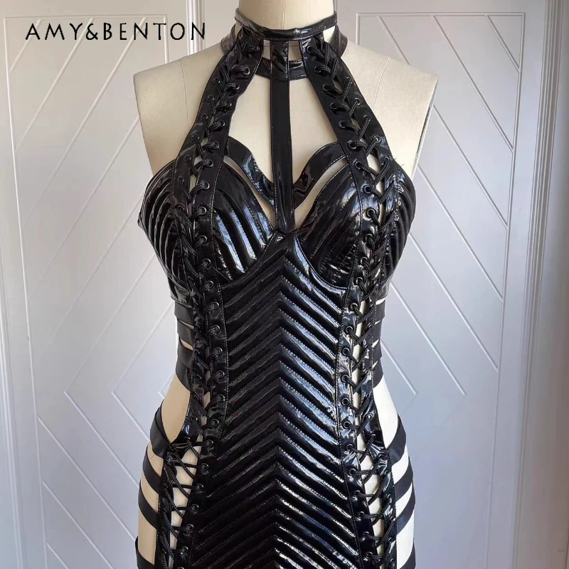 

Punk Dark Fashion Gothic Leather Hollow Out Halter Women's Dress Original Design Sweet Cool Sexy Slimming Body Dresses Ladies