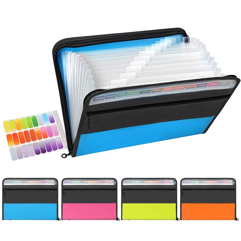 

13 Pockets Expanding File Folder, Accordion Document Organizer A4 Size Zipper Closure 4 Pcs