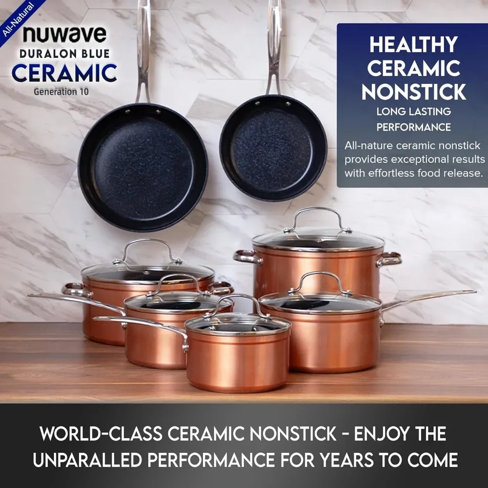 12 Ceramic Non Stick Cookware Set, Dishwasher and Oven Safe, Evenly Heated, Tempered Glass Cover, Cookware Set