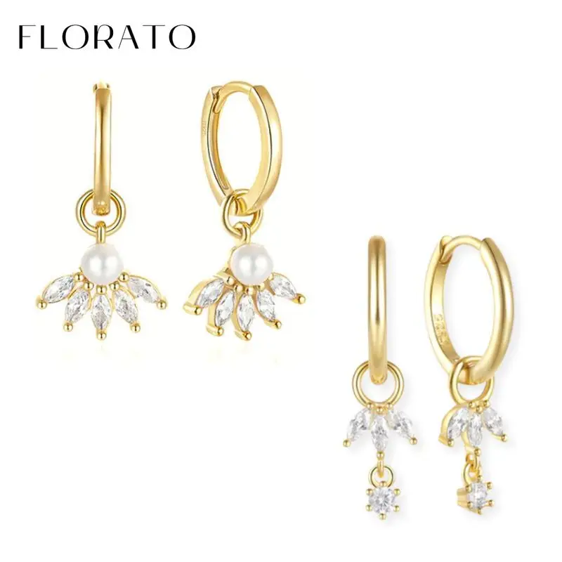 925 Sterling Silver Ear Needle Leafy shape Zircon Pearl Pendant Hoop Earrings Crystal Drop Earrings Luxury Wedding Jewelry Gifts