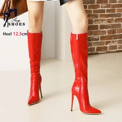 Elegant Ladies Long Boots 2024 Club Party Stiletto Heels Fashion Women Knee-High Boots Winter Short Plush Pointed Toe Red Shoes