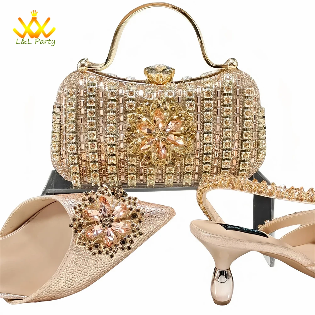 

High Quality 2025 Trendy Magazine Cover Fshion New African Women Shoes and Bag Set in Champagne Color with Crystal for Party