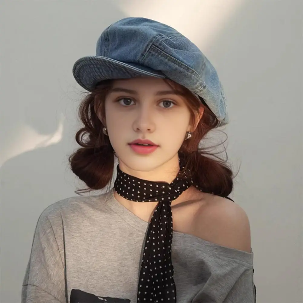 

Retro Denim Cloud Beret Foldable Sun Hat Women Spring and Summer Newsboy Cap Visor Beret Hat Cabbie Cap Short Brim Octagonal Cap