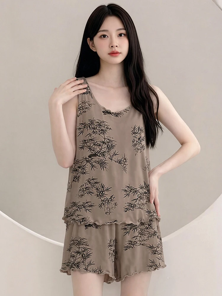 Loose Modal Sleepwear Set Summer Thin Home Leisure Vest Shorts Large Size Print Sleepwear Two-Piece Set Comfortable Breathable
