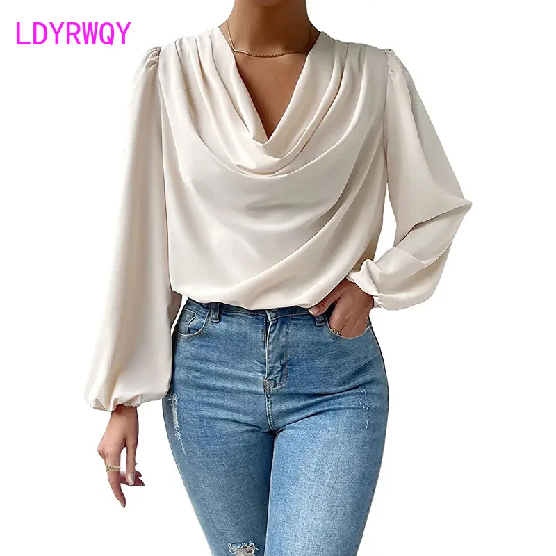 

New European and American chiffon long sleeved shirt with loose pleated V-neck top T-shirt for women