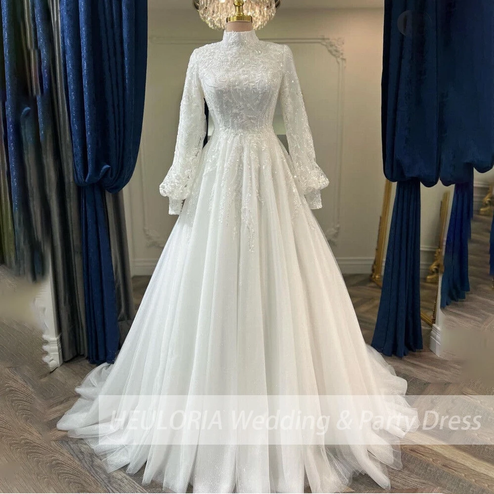 elegant heavy lace beading Muslim ball gown Wedding Dress long sleeve high neck bride dress plus size bride Wedding Gown