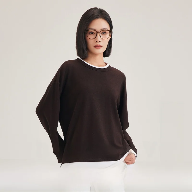 

Deep Brown Knitted Long Sve T-irt Sweater Fake Two-Piece Women's High Needle One-Piece Autumn Faion Casual Comfortable