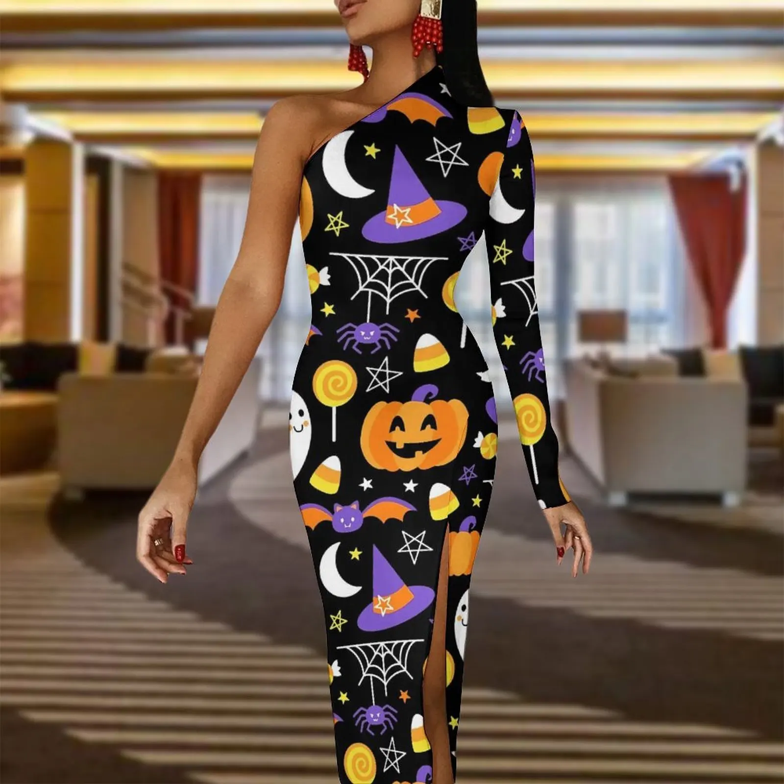 Happy Haunts Long Dress Female Spooky Cute Halloween Street Wear Maxi Dress Spring Vintage Bodycon Dresses High Slit Vestidos