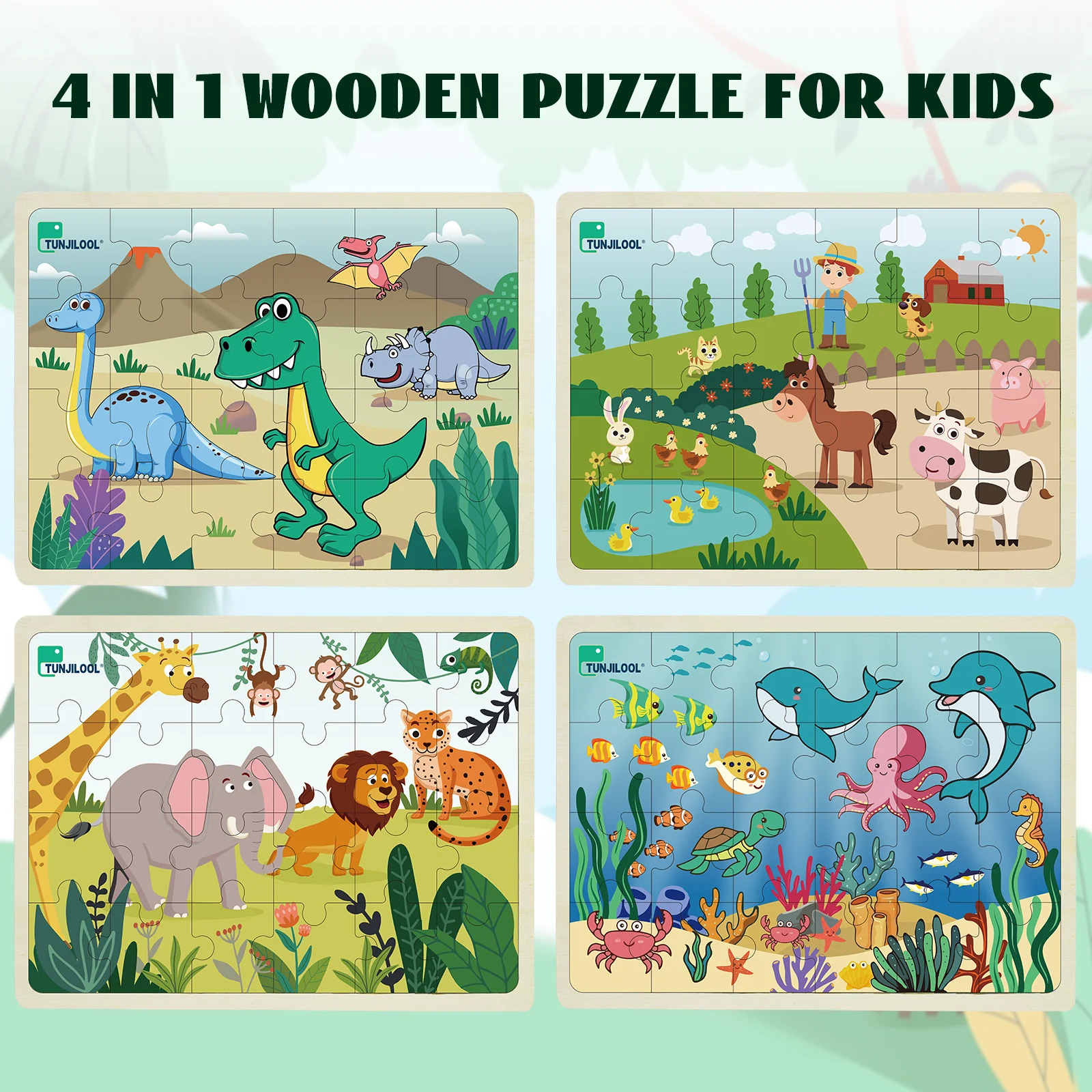 

TUNJILOOL Wooden Puzzle Baby Cartoon Animals Dinosaurs Ocean Wood Jigsaw Puzzle Early Learning Educational Toys For Children