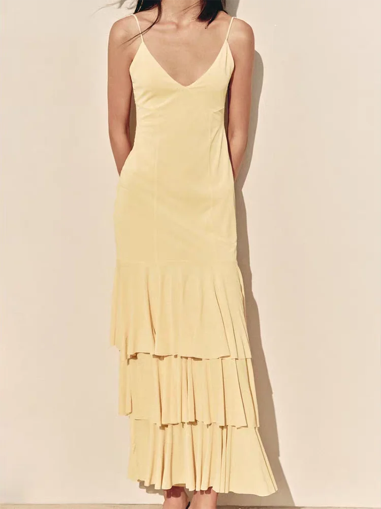 

Faionable V-ne Midi Dr Women's New Arrival Summer Season Layered Decoration Ele Sle Ladies' Gown