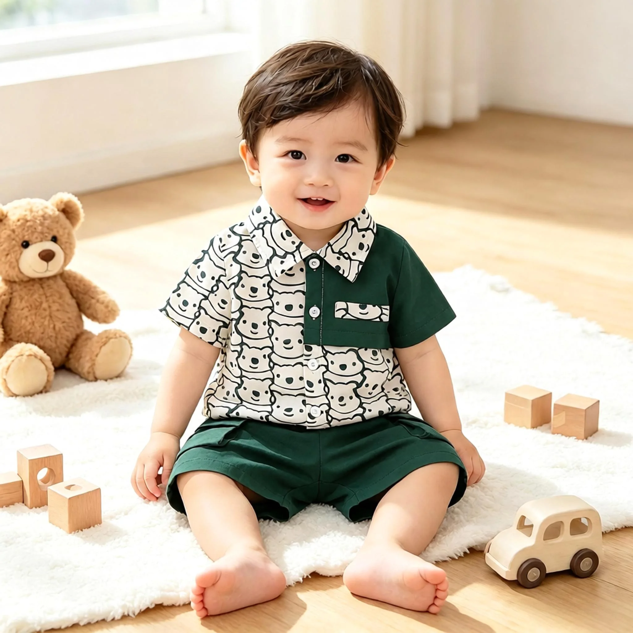 2Pcs Baby Boy Cartoon Bear Outfit, Spliced Shirt & Cargo Shorts Set, Random Print Fake Pockets, Summer, No Shoes