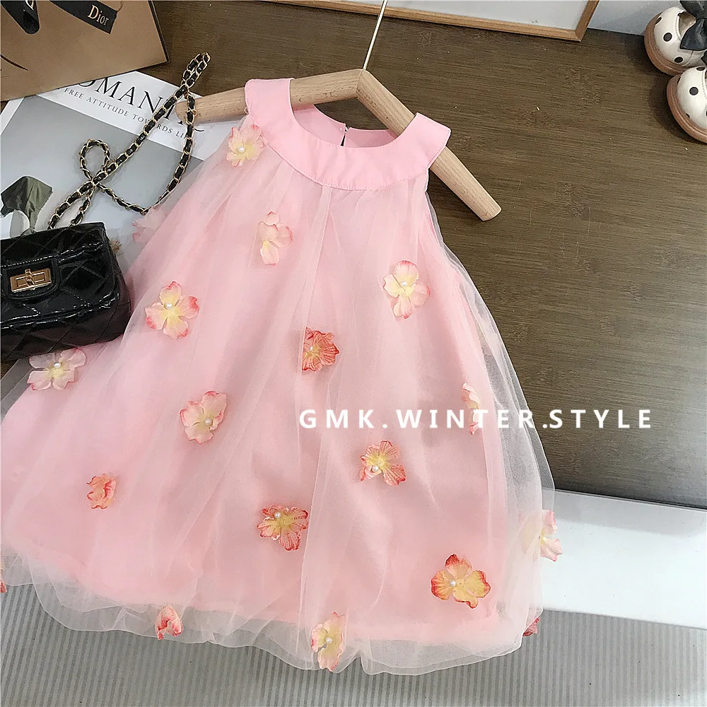 

Girls Skirt 2025 Summer New Childrens Clothing Korean Style Girl Baby Sweet Sleeved Neck Hanging Net Yarn Halter Princess Skirt