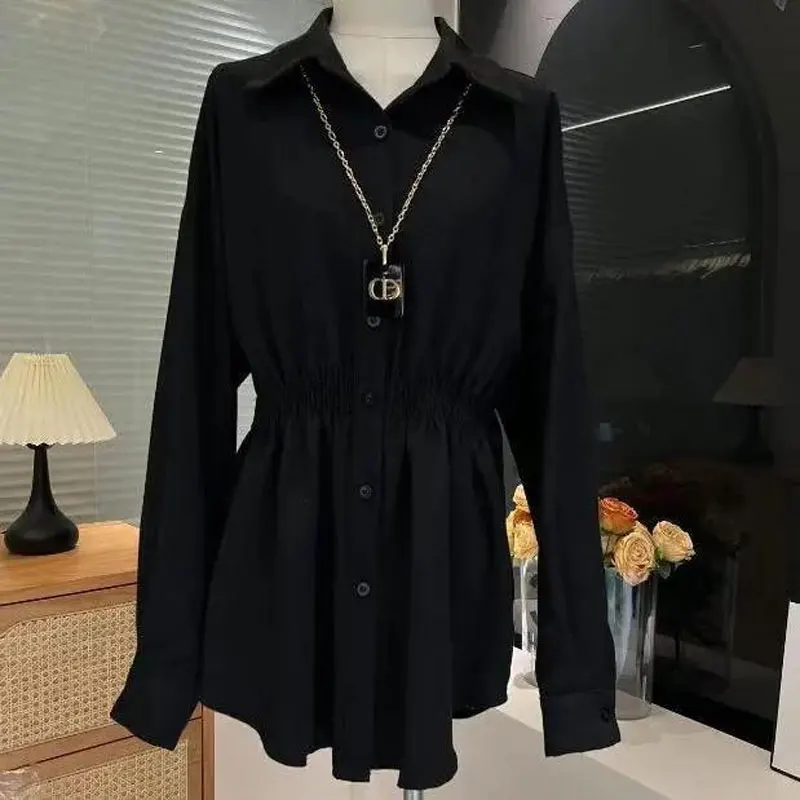 Commute Solid Color Waist Shirring Blouse Female Clothing Single-breasted Spring Autumn Korean All-match Turn-down Collar Shirt