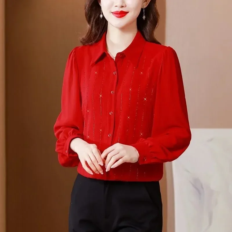 

Spring Lady Solid Color Shirt Topt Middle Aged Mother Fashion Chiffon Cardigan Shirts Korean Female Large Size 8XL Blouse XQ12