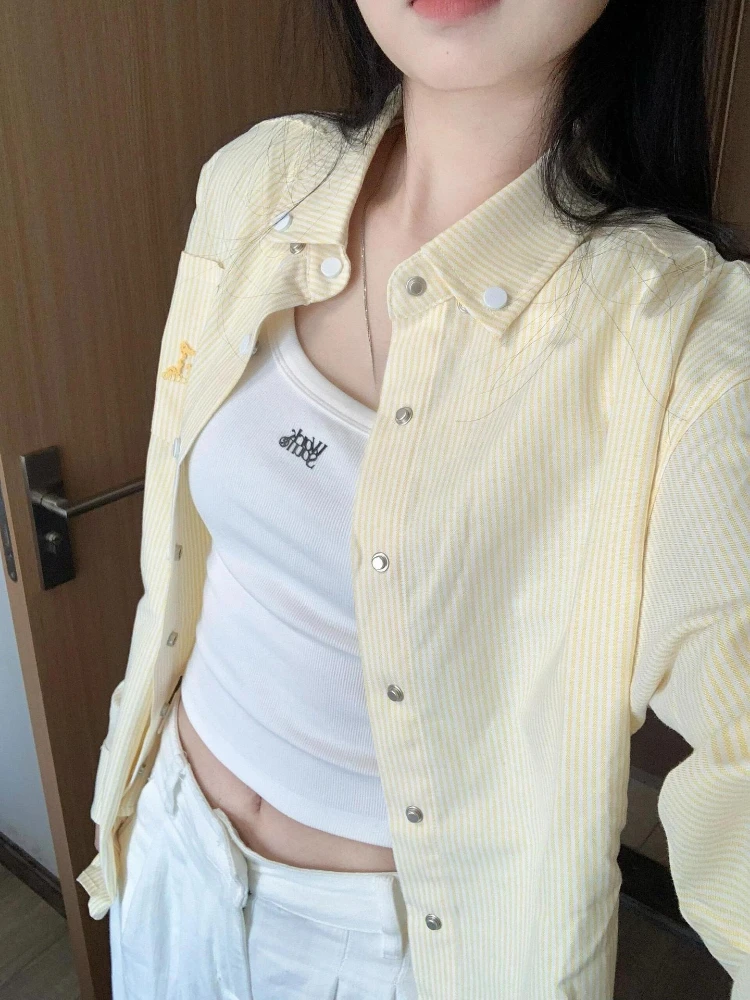 

Y2k Aesthetic Vintage Vertical Stripe Women Blouse Preppy Style Casual Loose ​Grunge Tops Harajuku Autumn Single Breasted Blusas