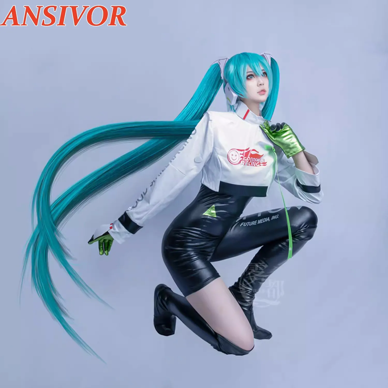 In stock Miku racer cosplay costume 2022 racing suit anime Full Set Halloween bodysuit jumpsuit PU leather latex