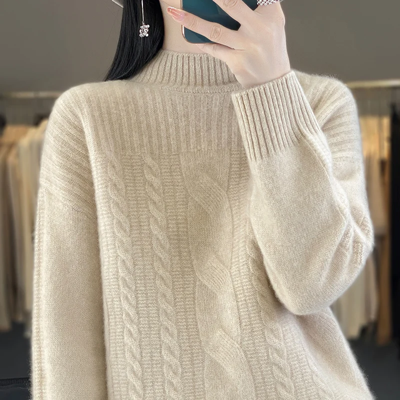 YSC 2024 nuove donne maglioni di Cashmere lavorati a maglia collo a mezza altezza modello intrecciato pullover sciolto e caldo addensato di alta qualità 3