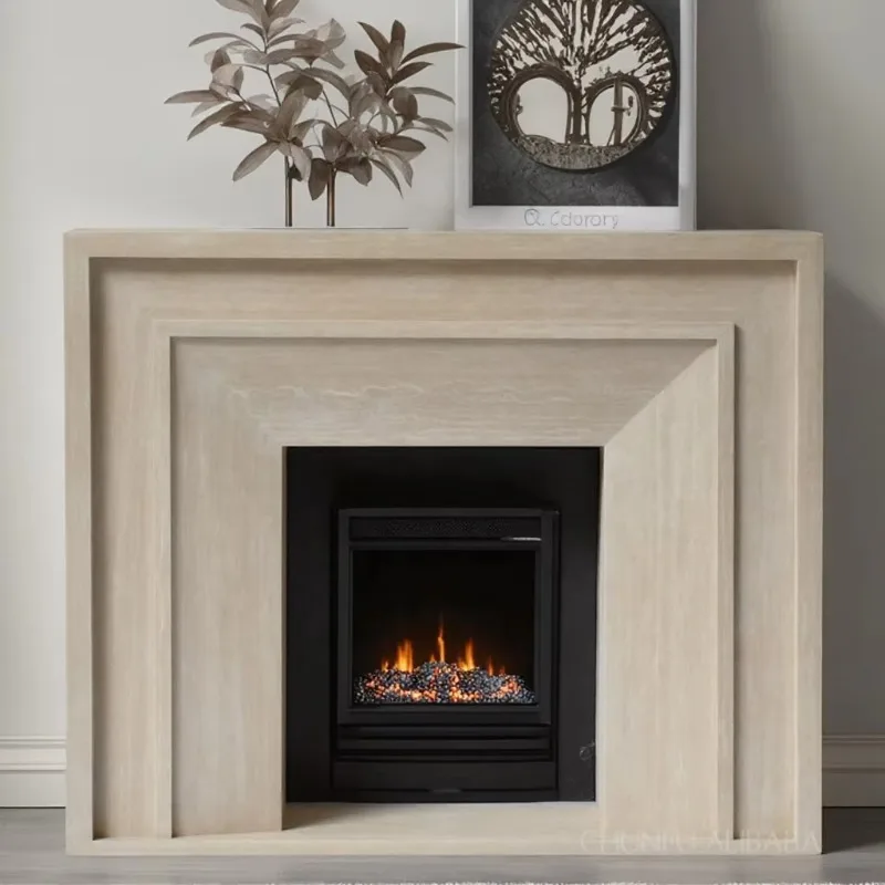 Modern Design Freestanding Travertine Marble Fireplace Pillar Frame Mantel Indoor Natural Stone for Hotels Living Rooms Storage