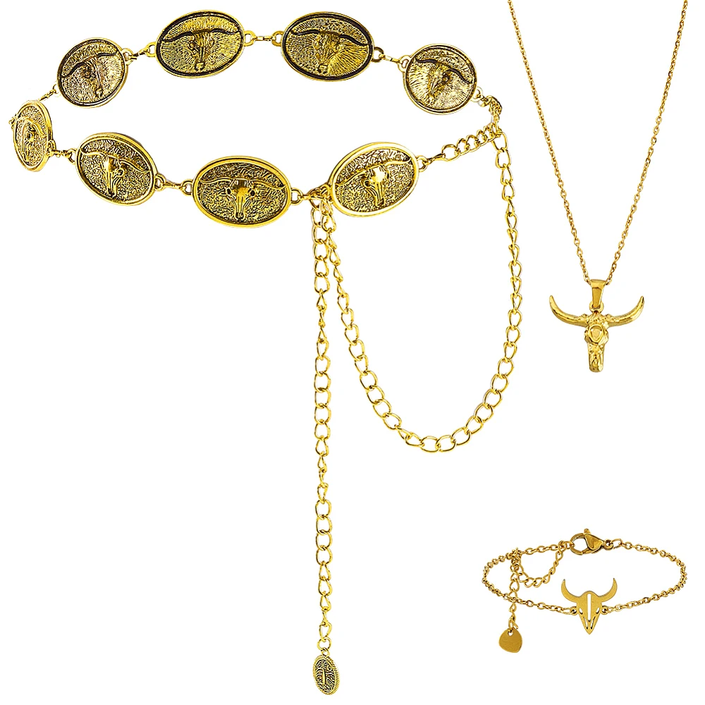 Cowgirl Jewelry Set 1Pc Western Belt Hat Band with 1Pc Stainless Steel Cattle Head Bracelets and Necklaces Adjustable Cowgirl